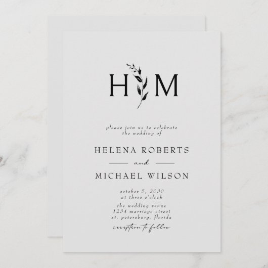 Schwarz-Grau-QR-Code UAWG Botanische Monogramm-Hoc Einladung (Vorne/Hinten)