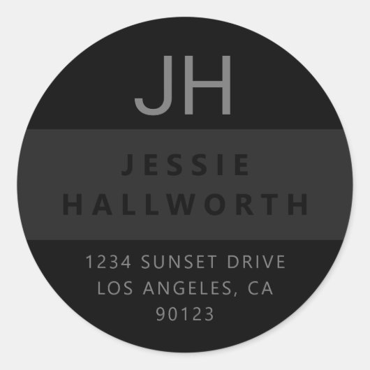 Schwarz & Grau Stilvoll Modernes Monogramm Runder Aufkleber (Vorderseite)