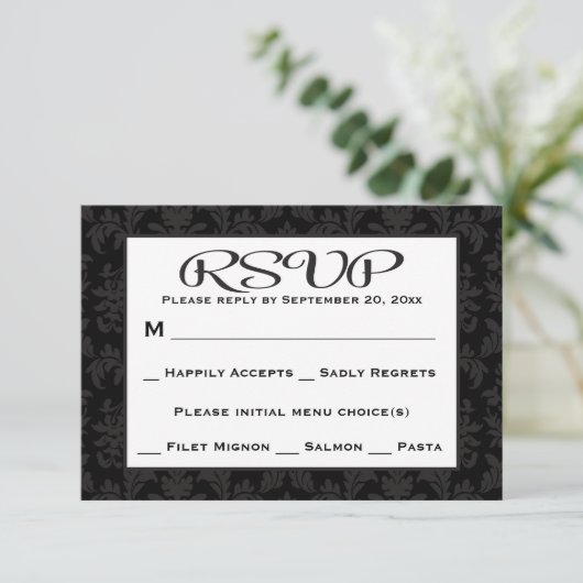 Schwarz-Grau-UAWG Damask Blumenzehen / Party RSVP Karte (Stehend Vorderseite)