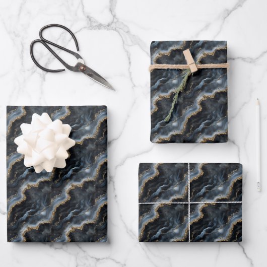 Schwarz-, Grau- und Goldmarmor Geschenkpapier Set (Vorderseite)