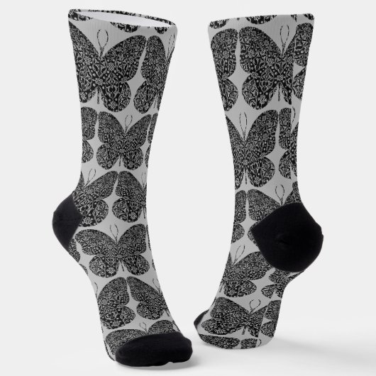 Schwarz-Grau-Vintage Butterfly Socken (Gewinkelt)