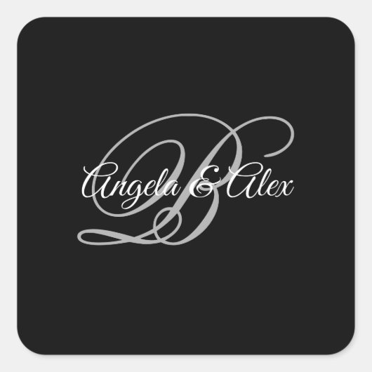 Schwarz-Grau-Weiß-Extravagant-Script-Monogramm Quadratischer Aufkleber (Vorderseite)