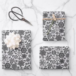 Schwarz Grau Weiß Retro-Blumenkunst Nahtloses Must Geschenkpapier Set