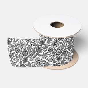 Schwarz Grau Weiß Retro-Blumenkunst Nahtloses Must Satinband