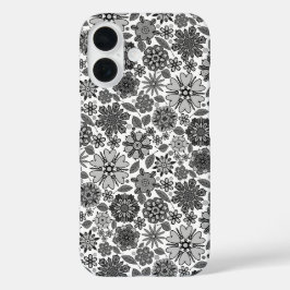 Schwarz Grau Weiß Retro Floral Kunst Nahtloses Mus iPhone 16 Hülle