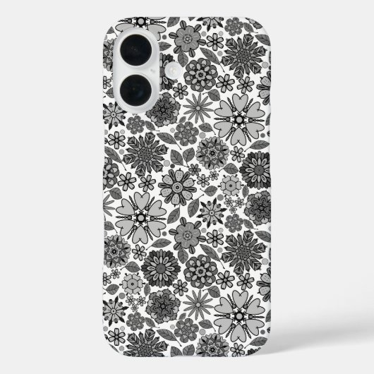 Schwarz Grau Weiß Retro Floral Kunst Nahtloses Mus Case-Mate iPhone Hülle (Rückseite)