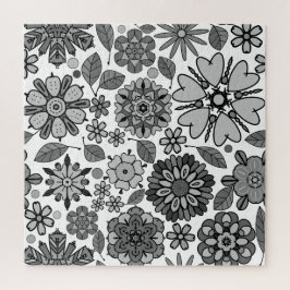 Schwarz Grau Weiß Retro Floral Kunst Nahtloses Mus Puzzle