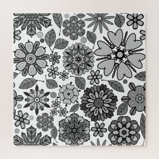 Schwarz Grau Weiß Retro Floral Kunst Nahtloses Mus Puzzle (Vertikal)