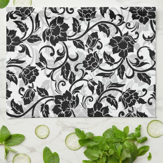 Schwarz-Grau-wirbelnde Blume Geschirrtuch (Gefaltet)
