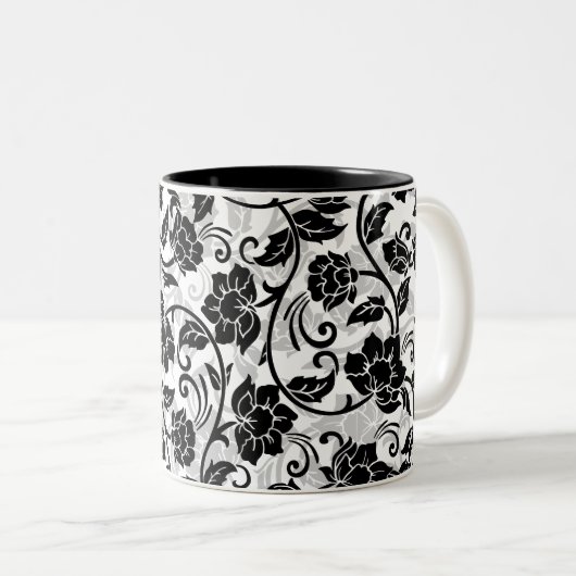 Schwarz-Grau-wirbelnde Blume Zweifarbige Tasse (VorderseiteRechts)