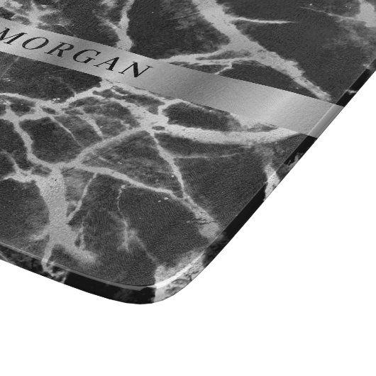 Schwarz-Graue Marmor, Name auf Silberband Schneidebrett (Ecke)