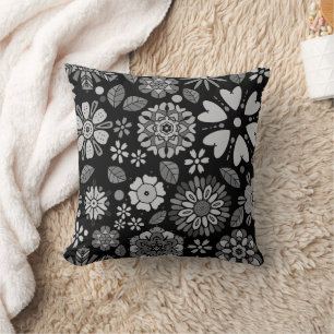 Schwarz-graue Retro-Blumenkunst Nahtloses Muster Kissen