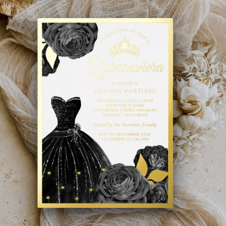 Schwarz-Graue Rose Quinceanera Gold Folieneinladung