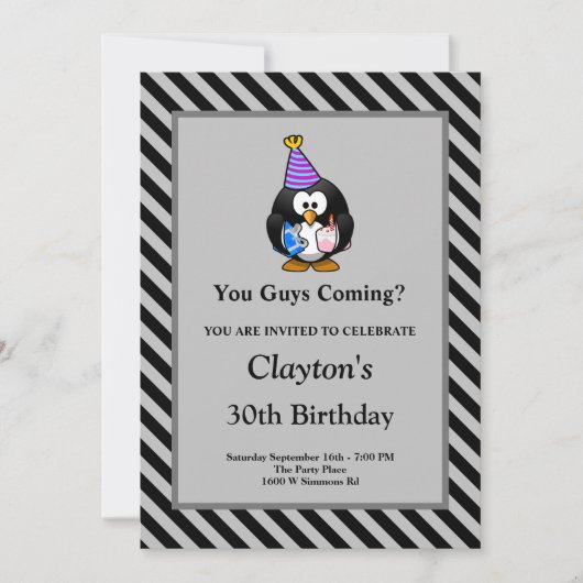 Schwarz/Graue Streifen Gerahmt Funny Birthday Part Einladung (Vorderseite)