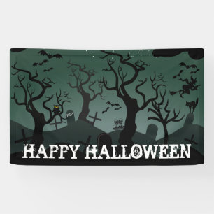 Schwarz-Grauer Friedhof, seltsame Bäume Halloween Banner