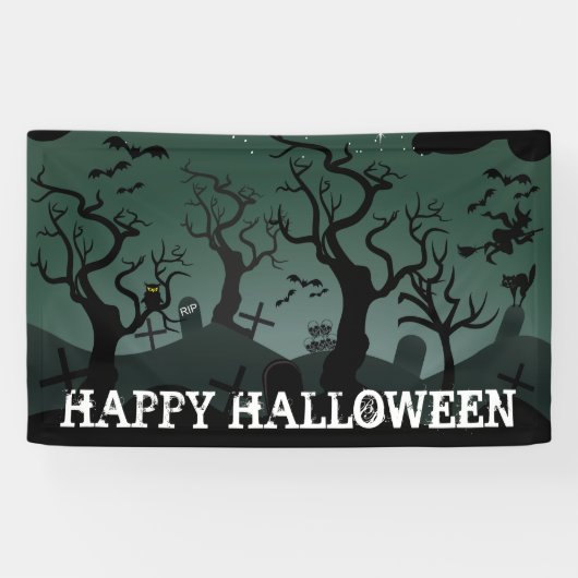 Schwarz-Grauer Friedhof, seltsame Bäume Halloween Banner (Horizontal)