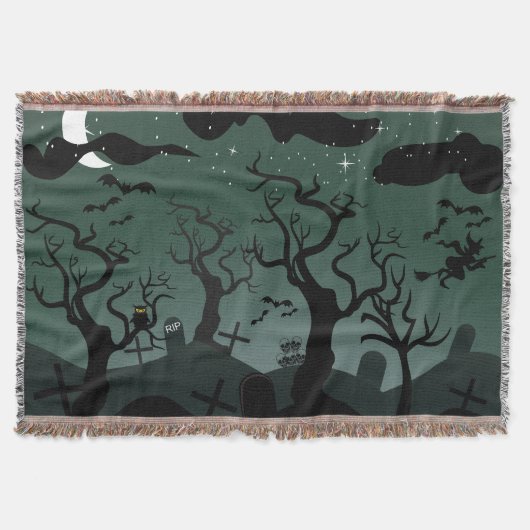 Schwarz-Grauer Friedhof, seltsame Bäume Halloween Decke (Vorderseite)