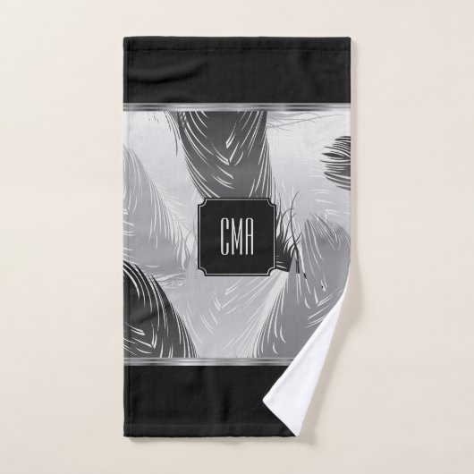 Schwarz-Graues Federmuster mit Monogramm Badhandtuch Set (Handtuch)