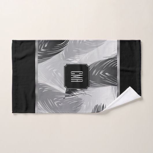 Schwarz-Graues Federmuster mit Monogramm Badhandtuch Set (Handtuch)