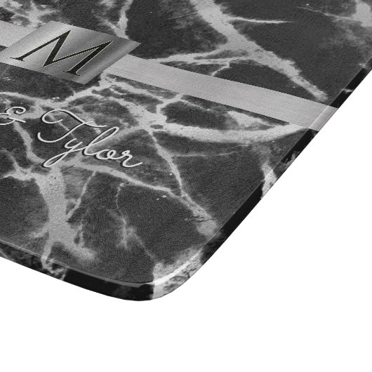 Schwarz-Graumarmor, Silberband, Name & Monogramm Schneidebrett (Ecke)