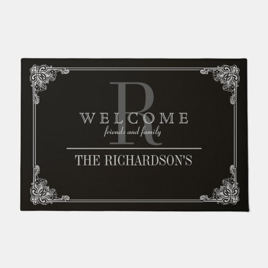 Schwarz|Gray Corner Blühte Frame Custom Monogram Fußmatte (Vorderseite)