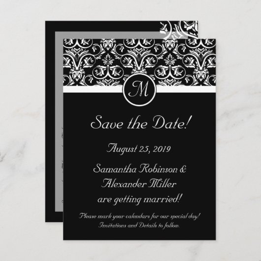 Schwarz-Groß-Insignien-Monogramm Save the Date Ankündigungspostkarte (Vorne/Hinten)