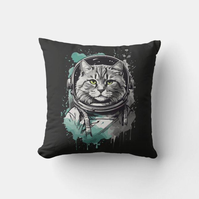 Schwarz-Grün-Astronaut-Katzendesign Kissen (Vorderseite)