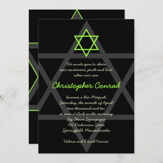 Schwarz-Grün-Bar Mitzvah-Einladung Einladung (Vorne/Hinten)