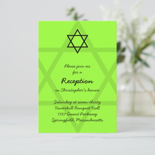 Schwarz-Grün-Bar Mitzvah-Empfang-Karte 2 Einladung (Stehend Vorderseite)