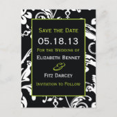 Schwarz-Grün-Damast Save the Date Ankündigungspostkarte (Vorderseite)