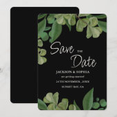 Schwarz & Grün Elegante, rustikale Blätter üppig Save The Date (Vorne/Hinten)