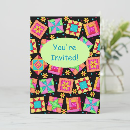 Schwarz-Grün-farbiges Patchwork Quilt Block Art Einladung (Stehend Vorderseite)
