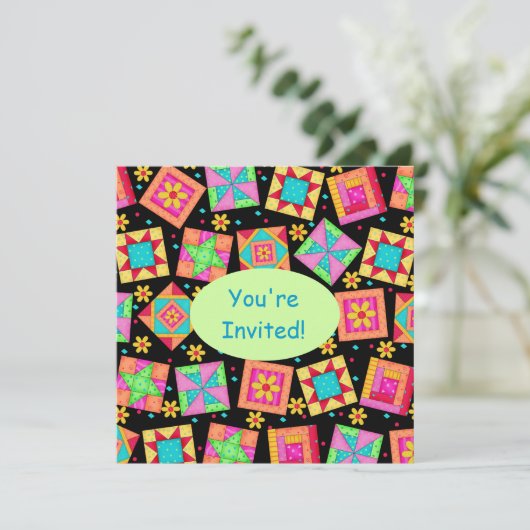 Schwarz-Grün-farbiges Patchwork Quilt Block Art Einladung (Stehend Vorderseite)