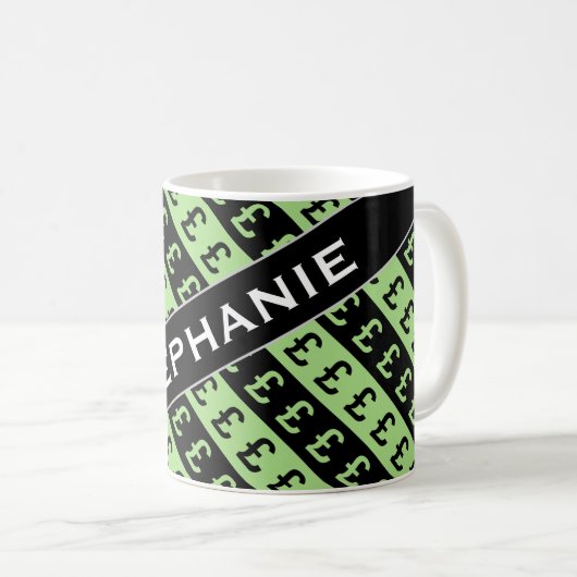 Schwarz-Grün-Pfund-Zeichen (£) gestreifte Muster-T Kaffeetasse (VorderseiteRechts)