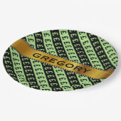 Schwarz-Grün-Pfund-Zeichen (£) gestreiftes Muster Pappteller (Schrägansicht)