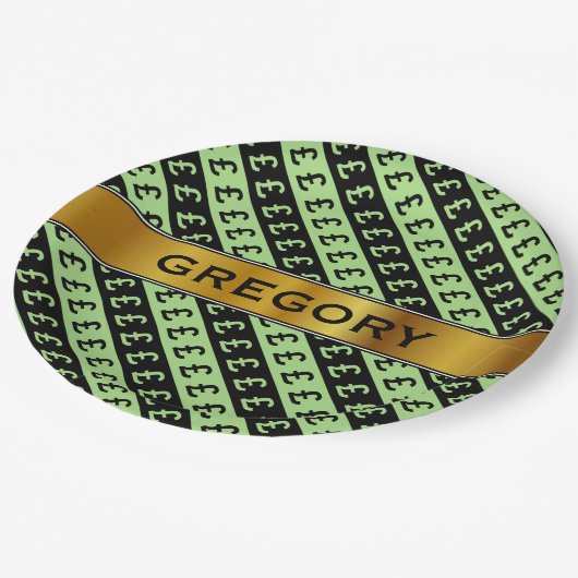 Schwarz-Grün-Pfund-Zeichen (£) gestreiftes Muster Pappteller (Schrägansicht)