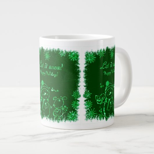 Schwarz-Grün-Schneemann-Illustration-Let it Snow Jumbo-Tasse (Vorderseite Rechts)