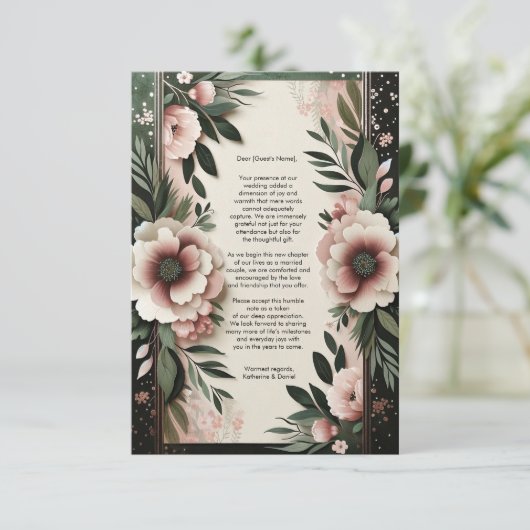 Schwarz-Grün- und Blütenrosa-Blütenhochzeit Dankeskarte (Stehend Vorderseite)