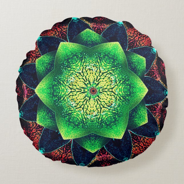 Schwarz-grüne digitale Blume über Rot Rundes Kissen (Vorderseite)
