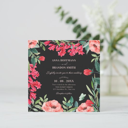 Schwarz-grüner Blumenkranz Einladung (Stehend Vorderseite)