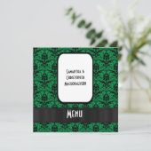 Schwarz-grüner Damast formelle Hochzeitskarte Menükarte (Stehend Vorderseite)