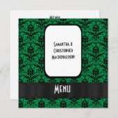 Schwarz-grüner Damast formelle Hochzeitskarte Menükarte (Vorne/Hinten)