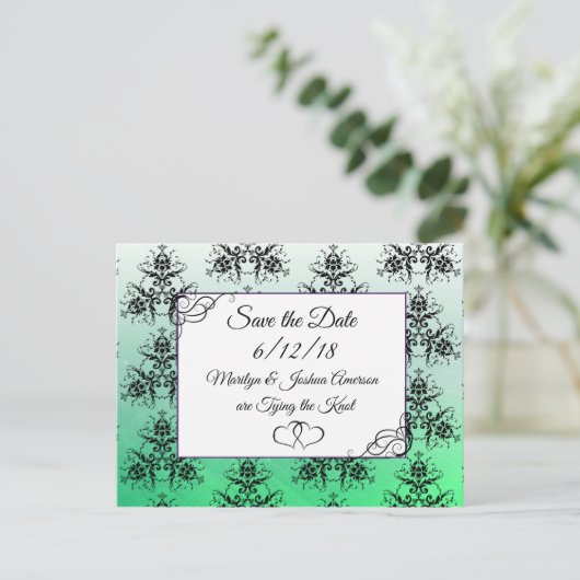 Schwarz-grüner Damast Hochzeitskarten Save the Dat Postkarte (Stehend Vorderseite)