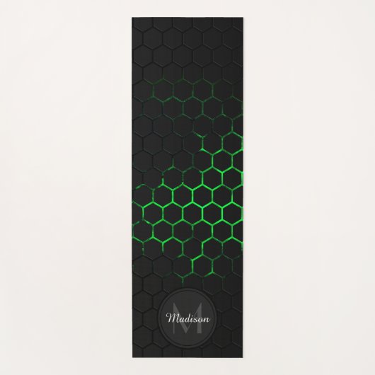 Schwarz-grünes Wabengeometrie-Muster Monogram Yogamatte (Vorderseite)