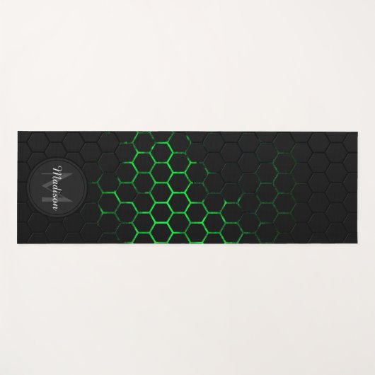 Schwarz-grünes Wabengeometrie-Muster Monogram Yogamatte (Vorderseite (Horizontal))