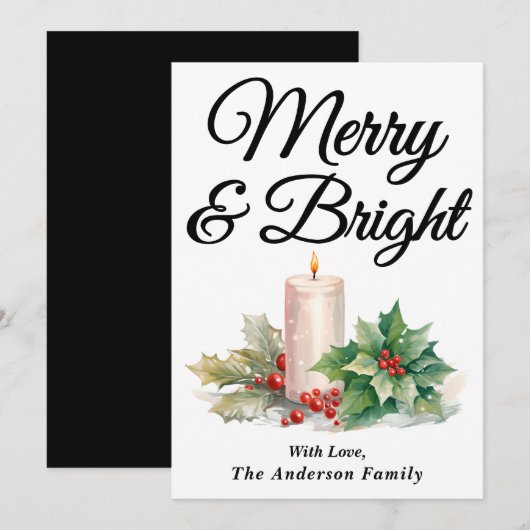 Schwarz handgeschriebenes Skript Merry & Bright Feiertagskarte (Vorne/Hinten)