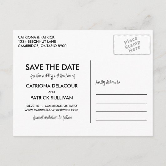Schwarz handgeschriebenes Skript Save the Date Pos Ankündigungspostkarte (Rückseite)