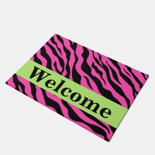 Schwarz Heiß Rosa Grün Zebra Skin Muster Willkomme Fußmatte (Schrägansicht)
