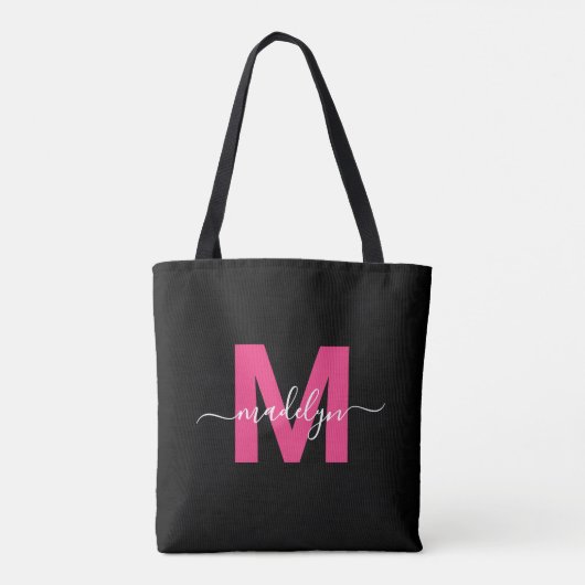 Schwarz Heiß rosa Modern Script Name Monogram Tasche (Rückseite)