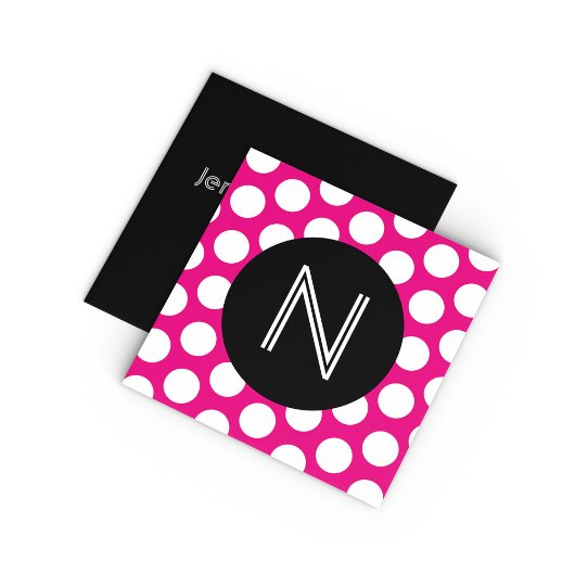 Schwarz-Heiß-Rosa-Polka-Dot-Monogramm Quadratische Visitenkarte